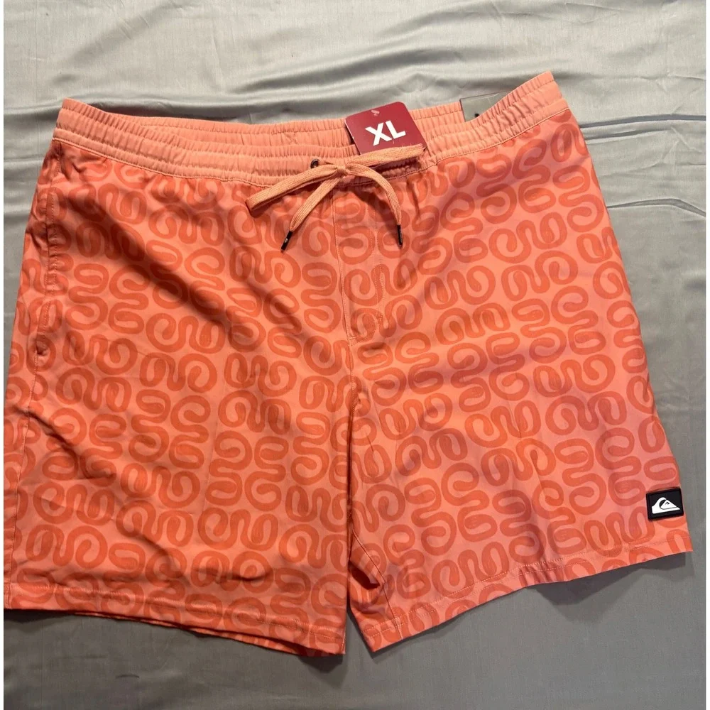 Quiksilver Mens XL Swim Trunks Coral Orange Swirl Print Mesh Lined Board Shorts